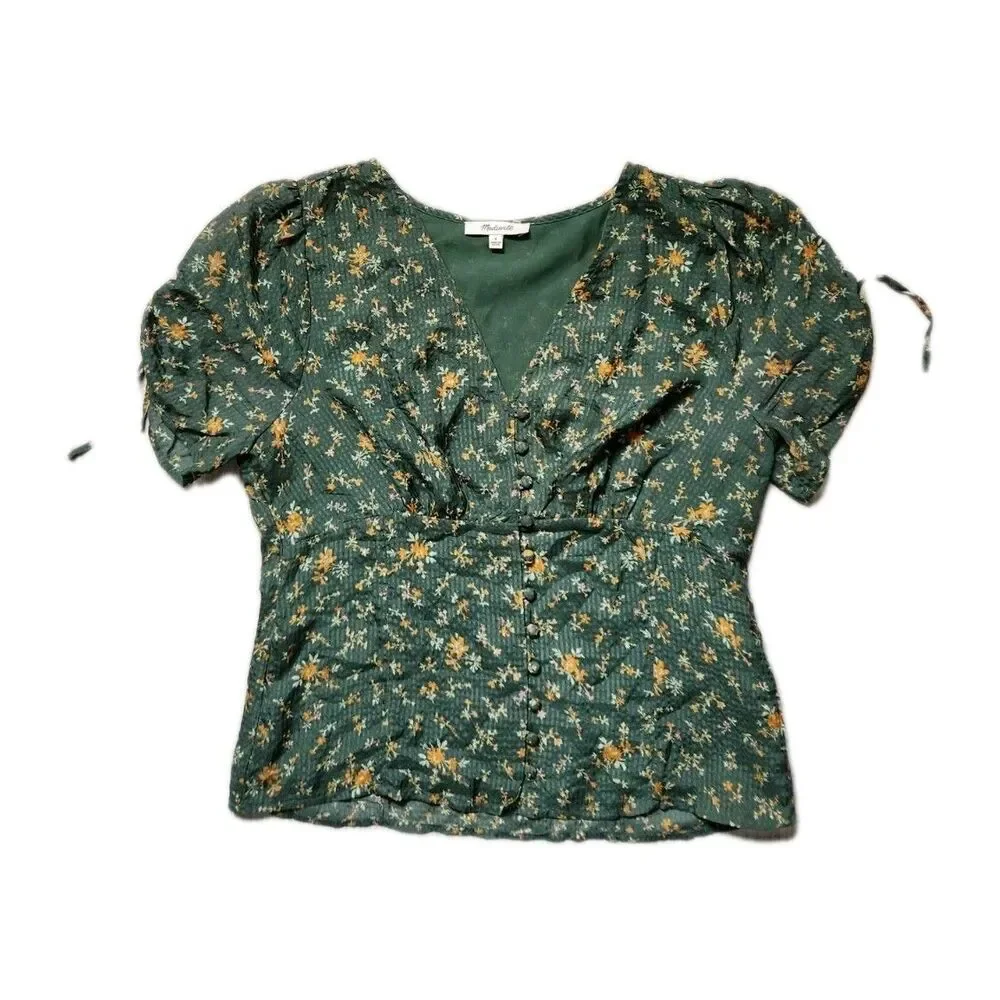 Madewell 100% Silk Floral Blouse Women 4 Green Puff Sleeve Button Front Top EUC